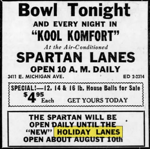 Spare Time Entertainment Center (Holiday Lanes) - July 1962 Ad - Spartan Will Close (newer photo)